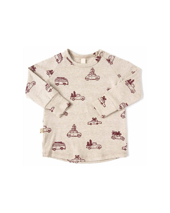 rib knit long sleeve tee - holiday cars on oatmeal