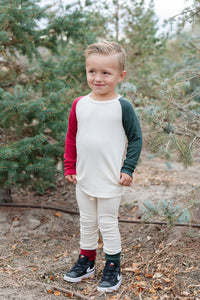 rib knit long sleeve tee - natural and stocking red and wreath green contrast