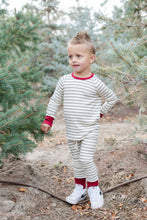 Load image into Gallery viewer, rib knit pant - wide charcoal stripe stocking red contrast