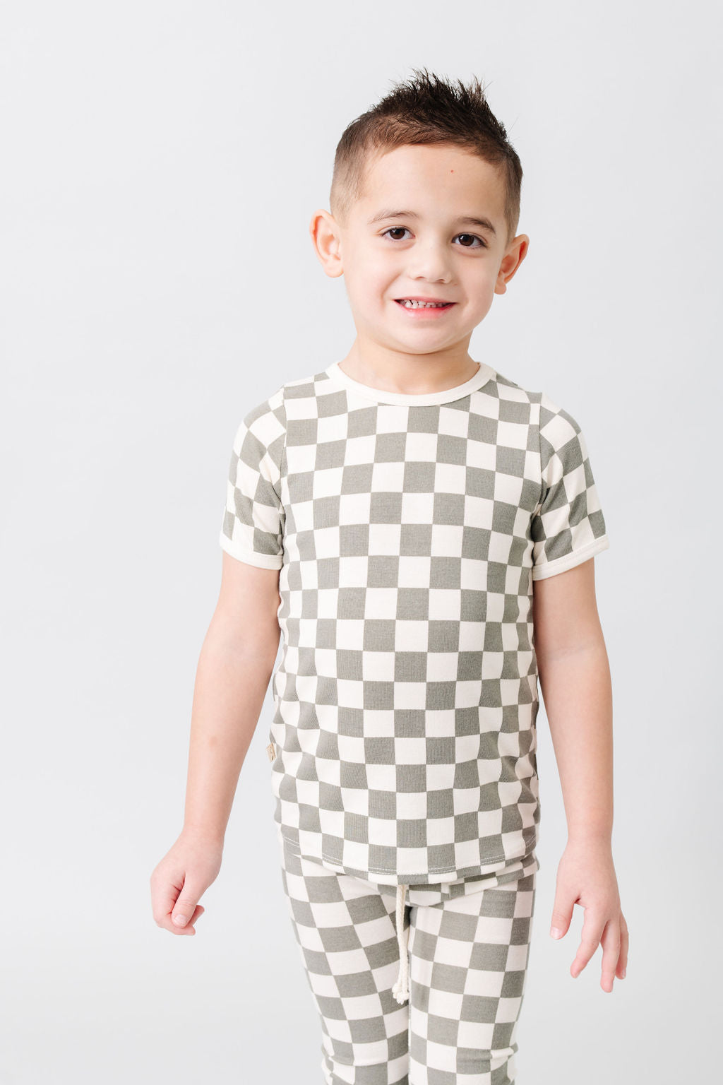 rib knit tee CO - vetiver checkerboard with contrast